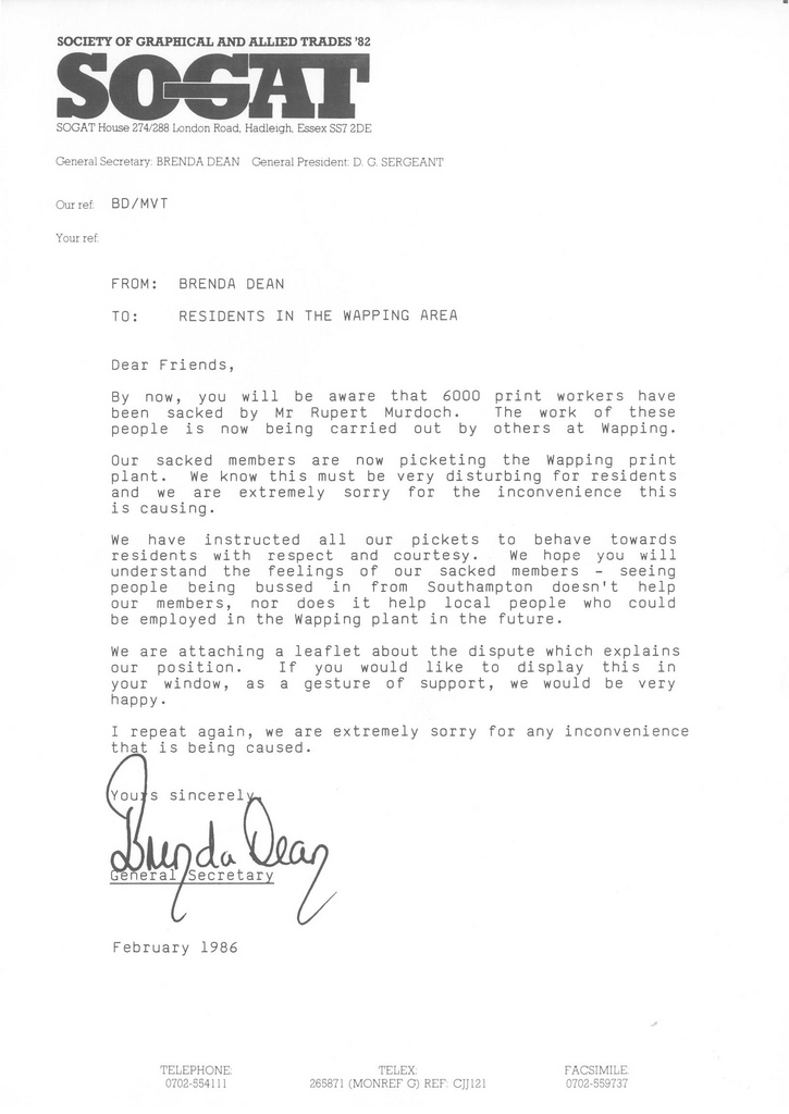 Wapping Dispute - Dean letter to residents