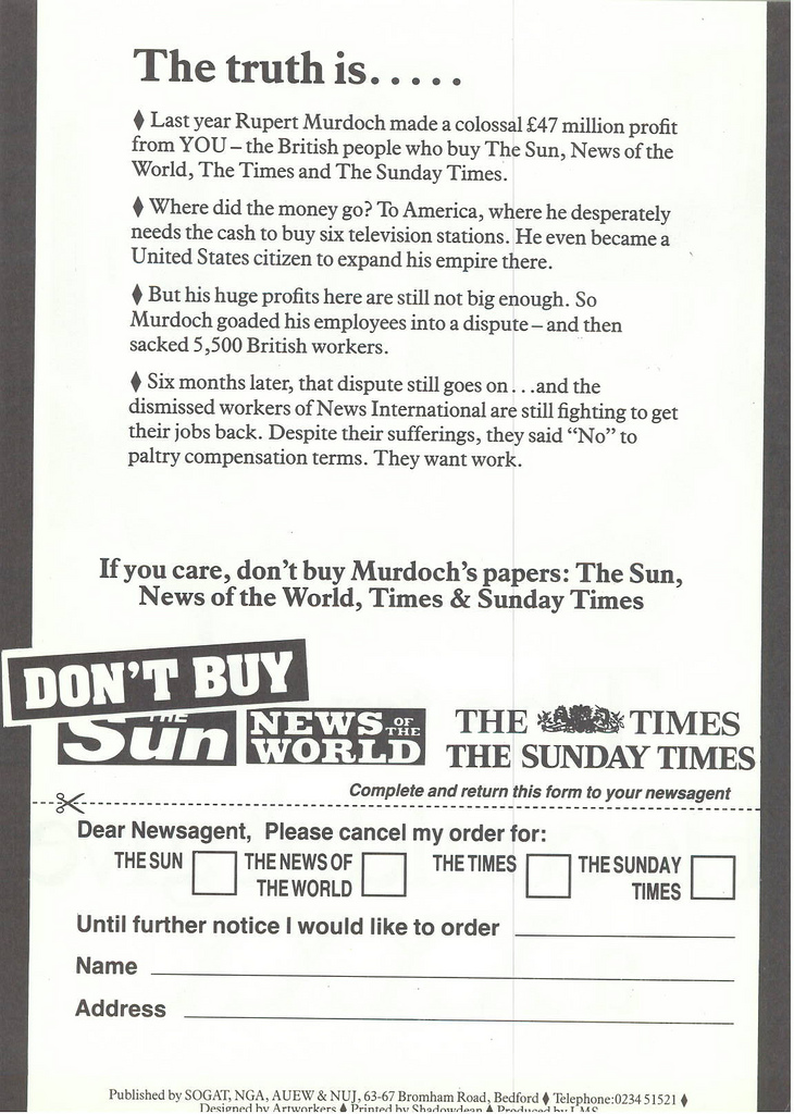 Picture entitled Flyer By Print Supporters 001 from the Wapping Dispute