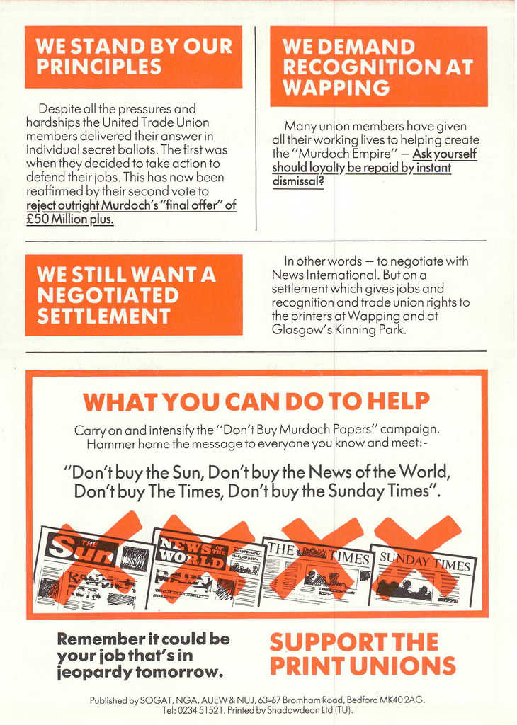 Picture entitled Flyer By Print Supporters 002 from the Wapping Dispute