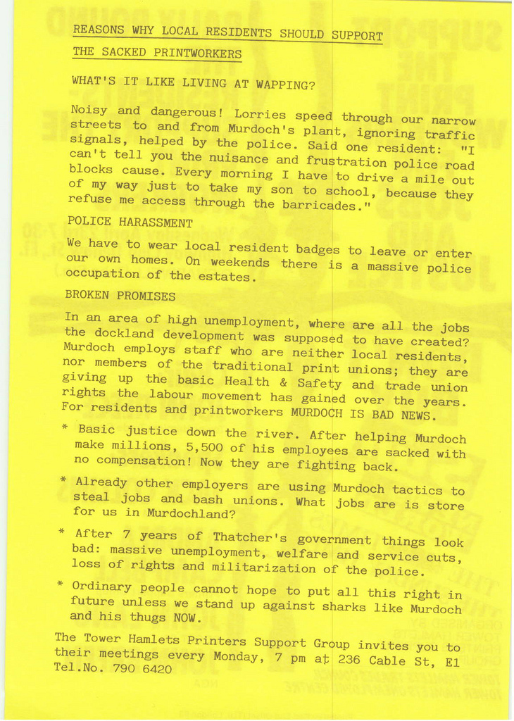 Picture entitled Flyer By Print Supporters 004 from the Wapping Dispute