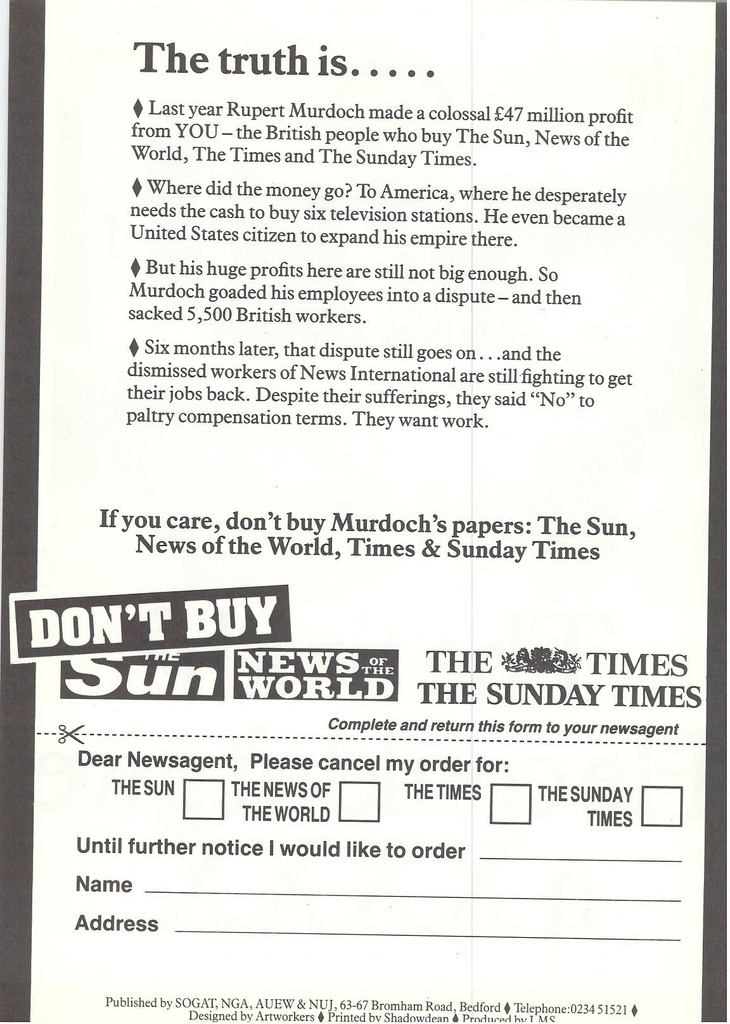 Picture entitled Flyer By Print Supporters 007 from the Wapping Dispute