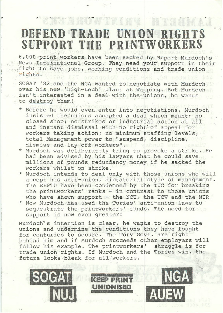 Picture entitled Flyer By Print Supporters 012 from the Wapping Dispute