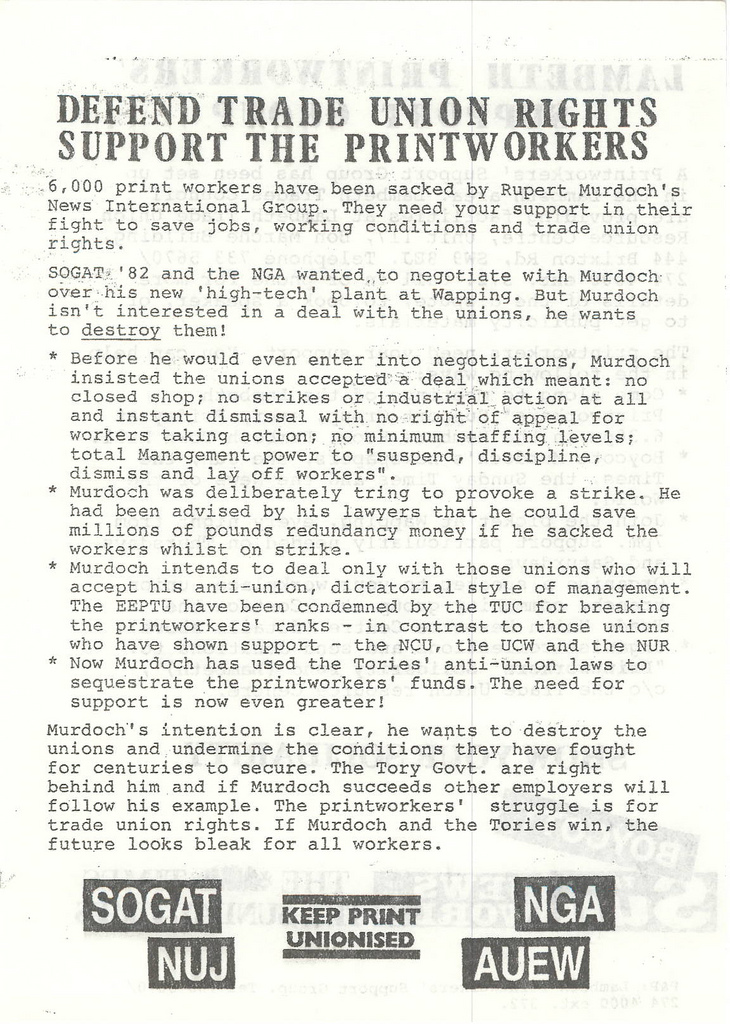 Picture entitled Flyer By Print Supporters 016 from the Wapping Dispute