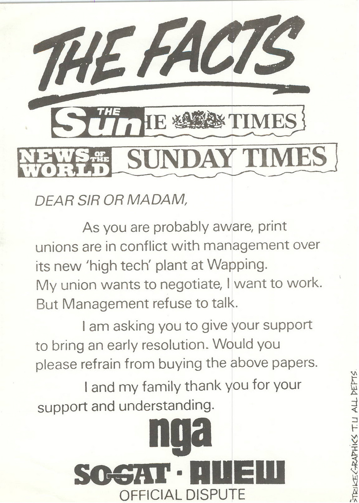 Picture entitled Flyer By Print Supporters 029 from the Wapping Dispute